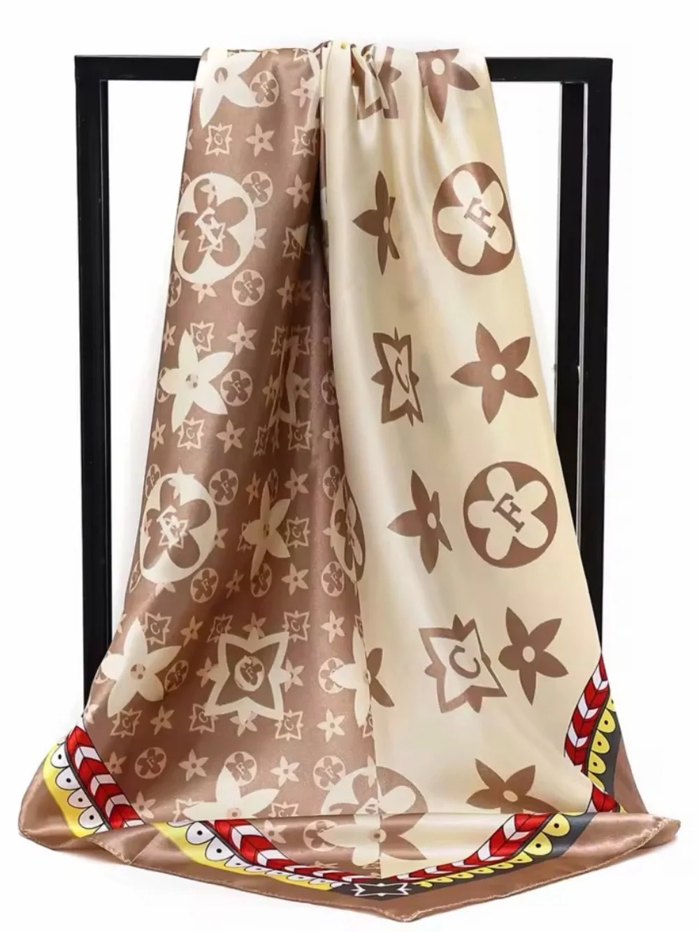 Silky Beige and Light Brown Patterned Women's Silk Scarf Wrap